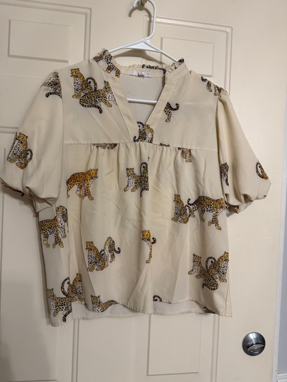 THML Cream Short Sleeve Top with Leopard Print